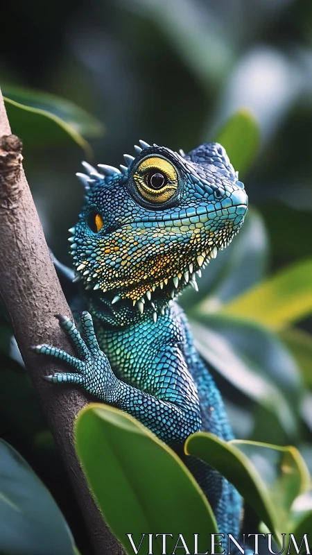 Iridescent blue lizard poised on branch amid lush foliage.