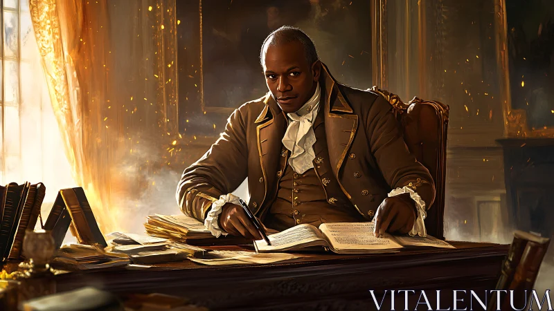 Eighteenth century scholar in luminous baroque study.