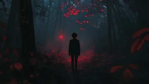 Silhouetted figure stands in dim forest amid red illuminated foliage