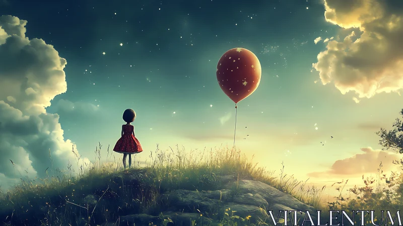 Girl on grassy hill with red balloon under cloudy sky.