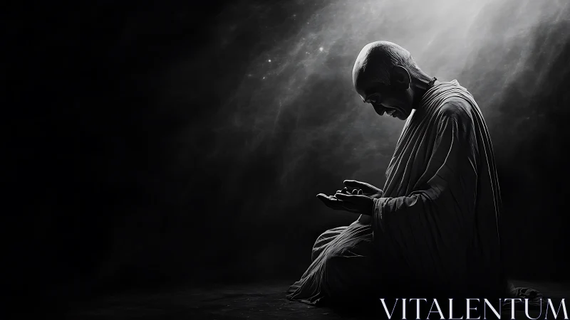 Contemplative monk in chiaroscuro light with sculpted drapery.