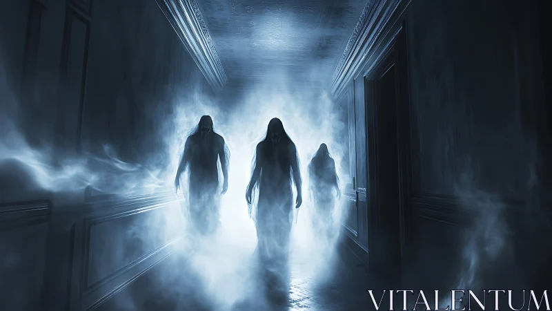 Spectral entities advancing through volumetric fog corridor.