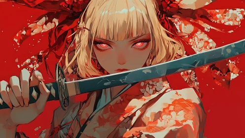 Crimson gaze of the kimono blade dancer in mid resolve.