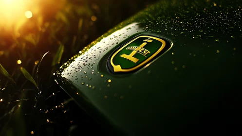 Macro study of dew-coated green emblem under raking sunrise light.