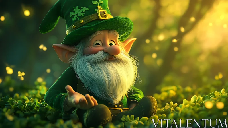 Smiling leprechaun with white beard in clover forest light.
