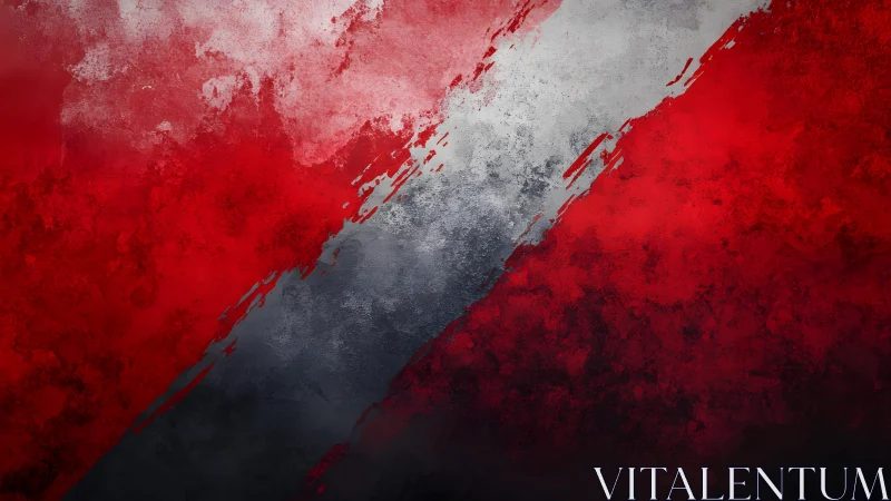 Bold red and white abstract background with textured brush strokes.