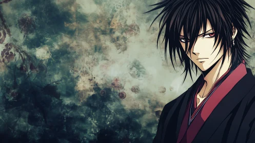 Dark-haired anime male against textured abstract wall.