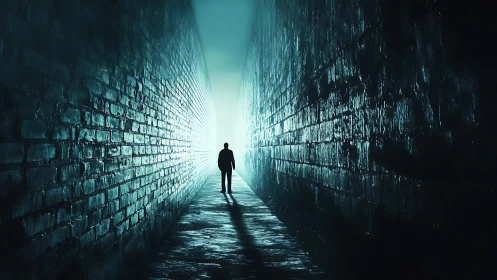Backlit silhouette in narrow wet brick alleyway at night