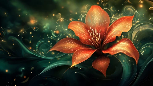 Starlit ember lily drifting through a teal dream tide.