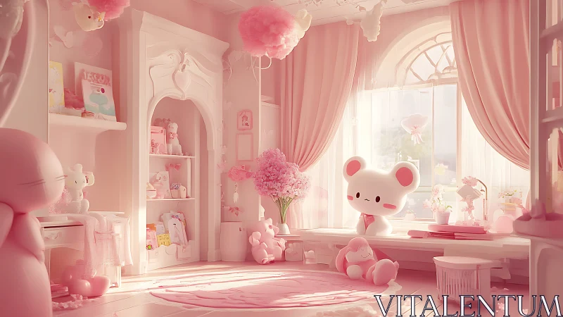 Pink cartoon character sits in softly lit pastel bedroom