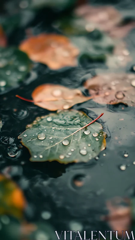 Close view of wet autumn leaves floating on dark water.
