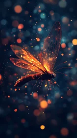 Glowing firefly drifts through neon bokeh nightscape.