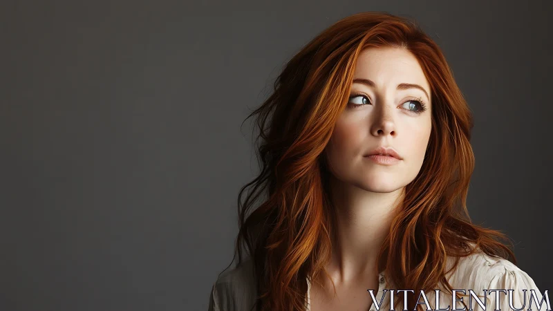 Portrait shows young woman with red hair facing to the right