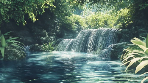 Sunlit jungle waterfall over crystal clear lagoon pool.