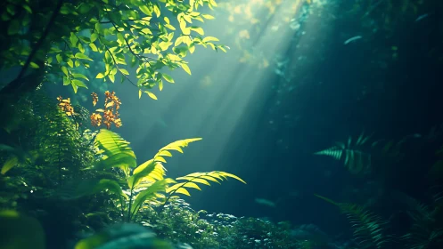 Sunlit jungle clearing with lush green fern leaves glowing.