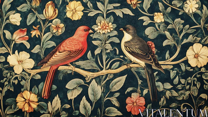 Two Songbirds on a Branch in Vintage Botanical Art Style.