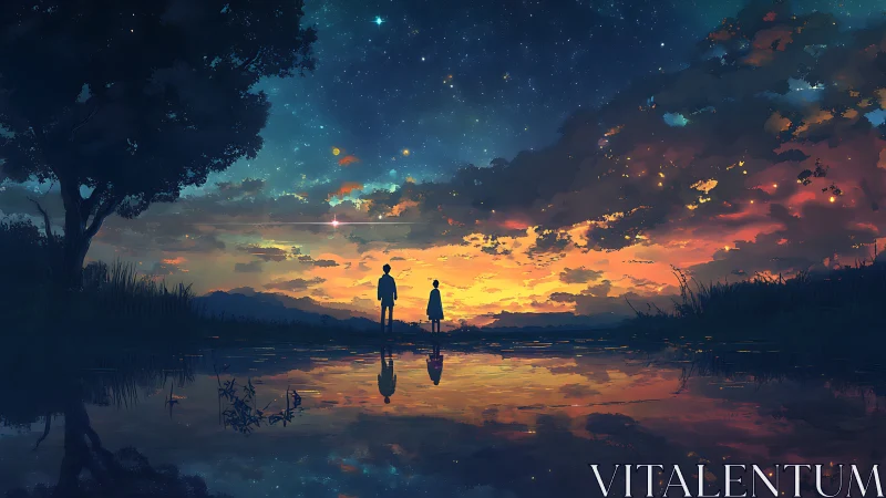 Two figures stand by reflective water under vivid dusk sky