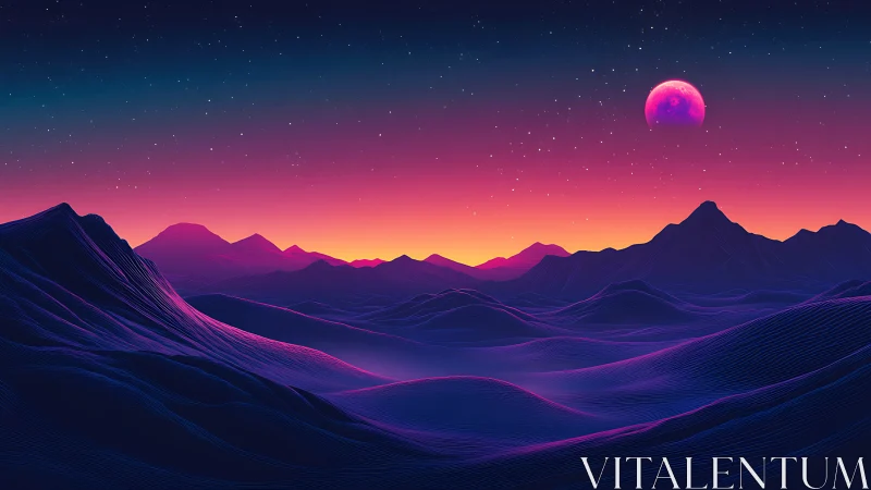 Neon dunes roll beneath a magenta moon in alien twilight