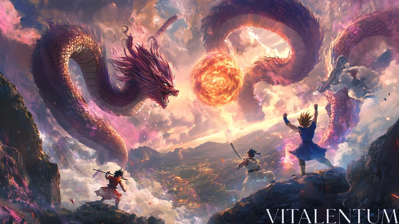 Heroes confront colossal dragon above burning valley.