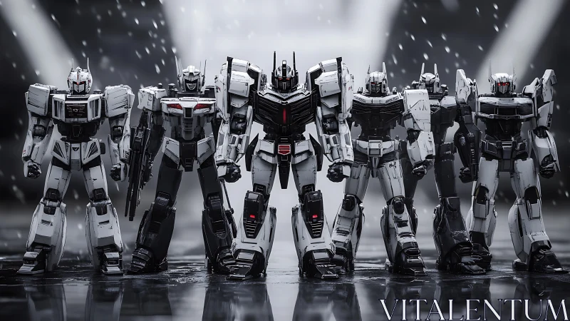 Row of monochrome combat mechs in wet urban environment.