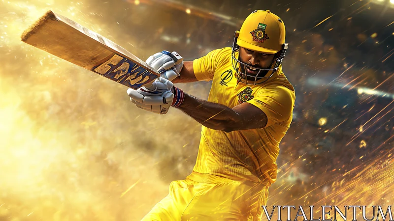 Cricket batter in yellow uniform executing front-foot shot.