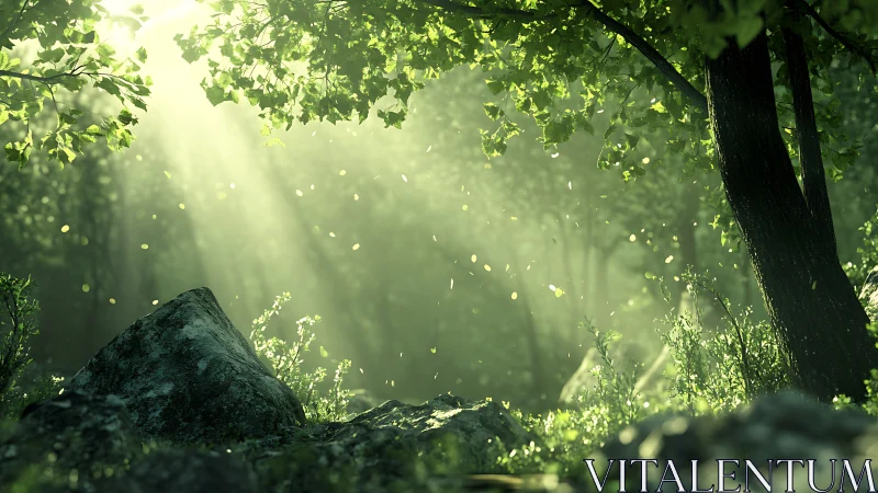 Sunlit Forest Interior with Atmospheric Rays and Vegetation