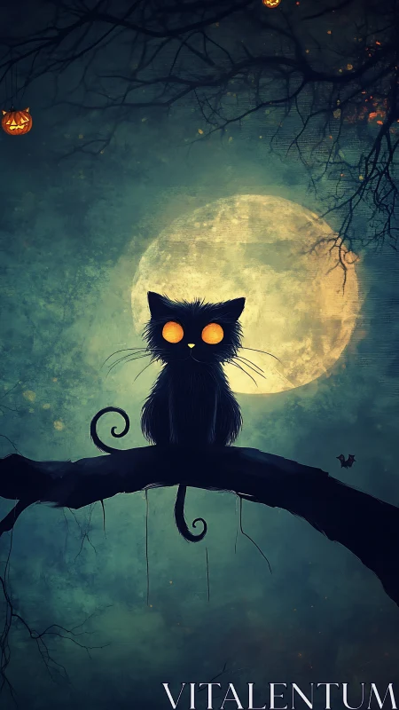 Black cat silhouette on branch before large full moon.