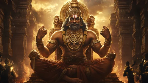 Regal four-armed deity enthroned in golden temple fireglow
