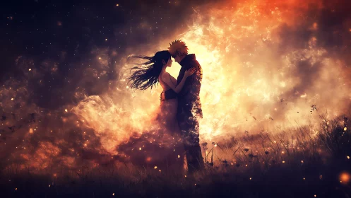 Couple kissing in intense flames with floating embers