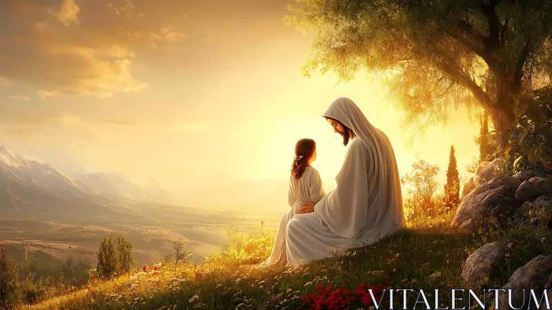 Figure in white robes sits with child on sunlit hillside