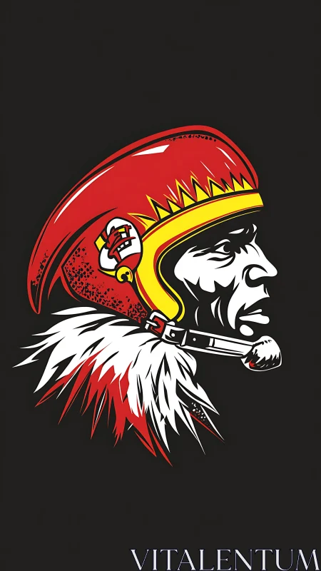 Warrior profile wearing red helmet with stylized feathers