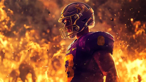Football player stands in profile before intense fire backdrop