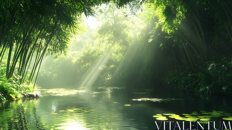 Gentle sunbeams pour into a lush green jungle river sanctuary