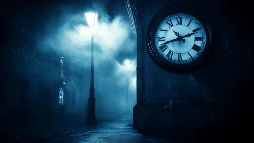 Foggy street with wall-mounted clock and lampposts at night.