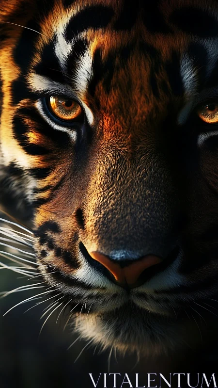 Photorealistic tiger close-up with dramatic chiaroscuro lighting.