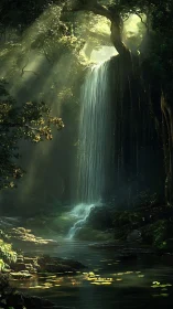 Luminous Forest Waterfall: Enchanted Cascade Through Ancient Woodland.