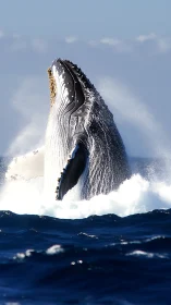 Humpback whale breaches vertically from open ocean surface