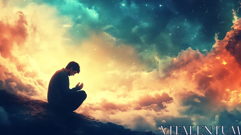 Quiet prayer between clouds and stars in glowing twilight sky.