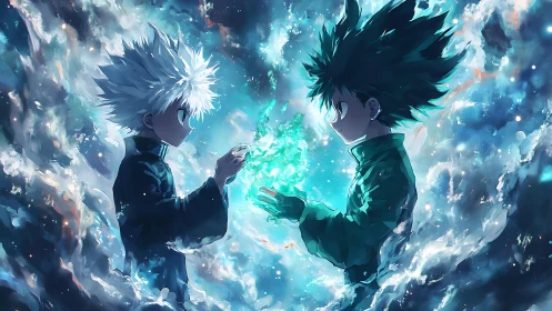Starlit duel of young sorcerers trading a cosmic flame.