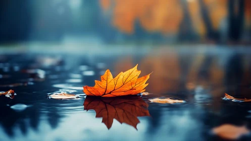 Solitary autumn leaf sails softly across mirrored rainwater