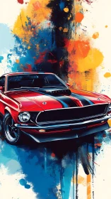 Red classic muscle car stands before bold paint splashes