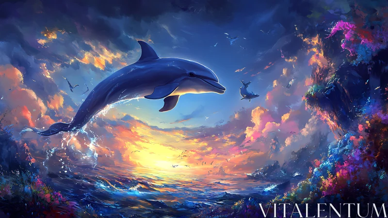 Dolphin daybreak leap across a painted neon ocean sky.