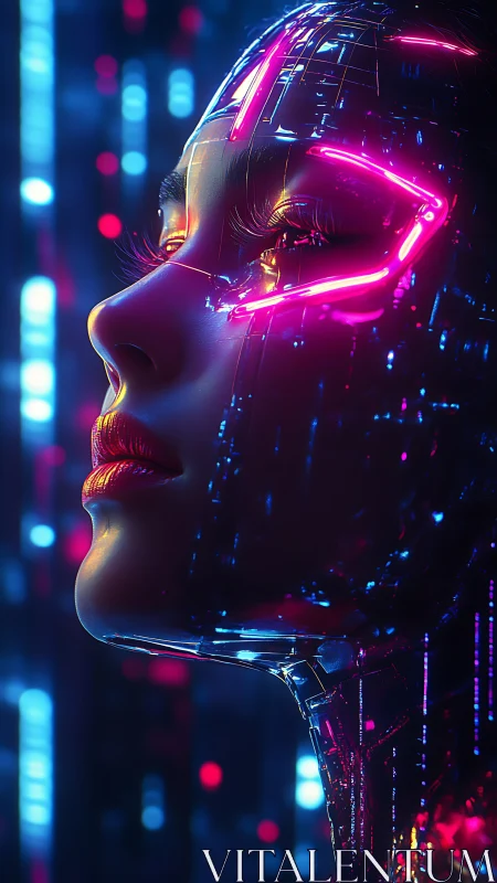 Neon cybernetic portrait merges human profile and circuitry.