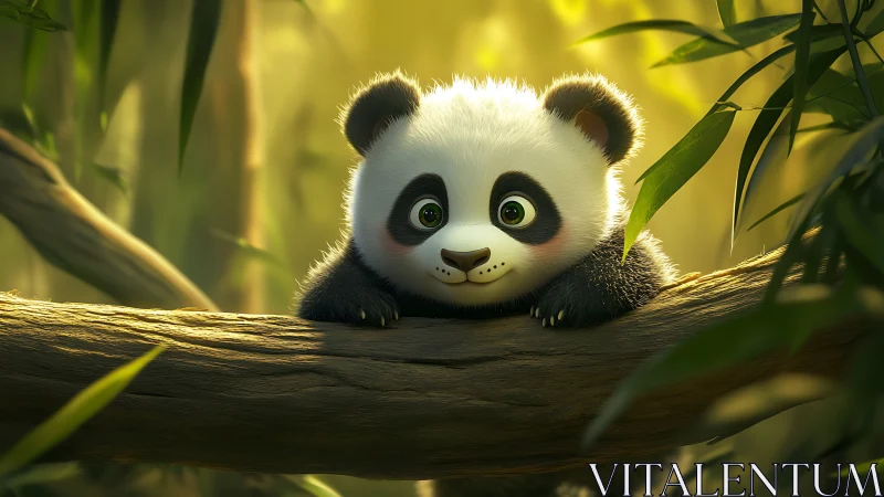 Young cartoon panda resting on tree branch in forest.