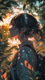 Warm dusk portrait of contemplative girl in glowing foliage.