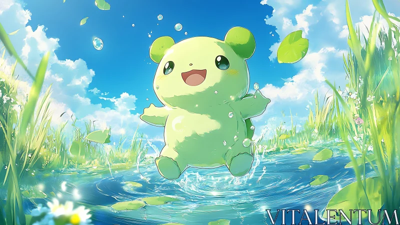 Joyful green creature splashes and sparkles under blue skies