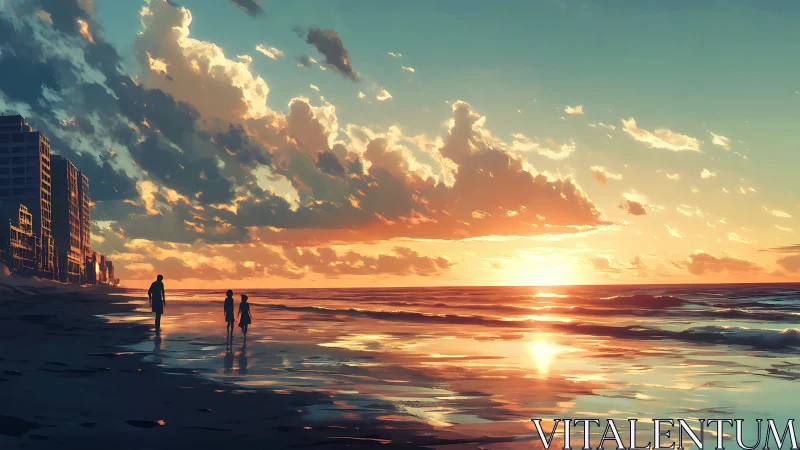 Family walking on reflective beach at vivid sunset.