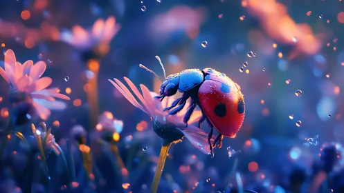 Glowing ladybug rests on petals in dreamy neon rain garden