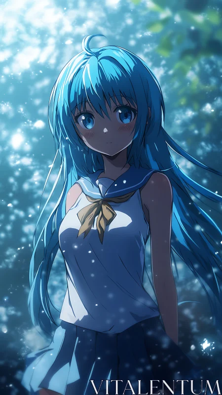 Blue haired schoolgirl in softly glowing forest light.