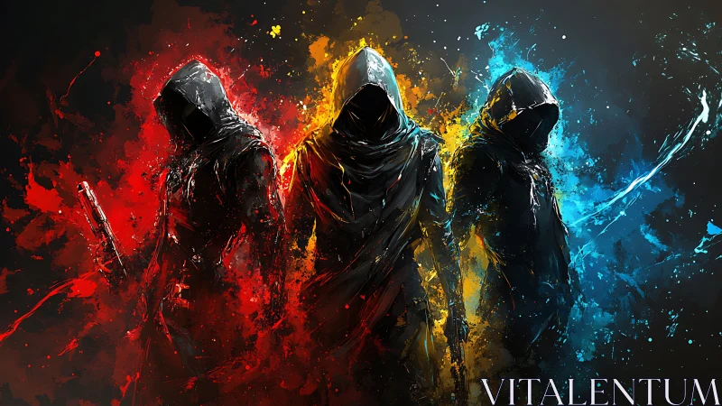 Elemental rogues ignite the dark in red, gold, and blue.